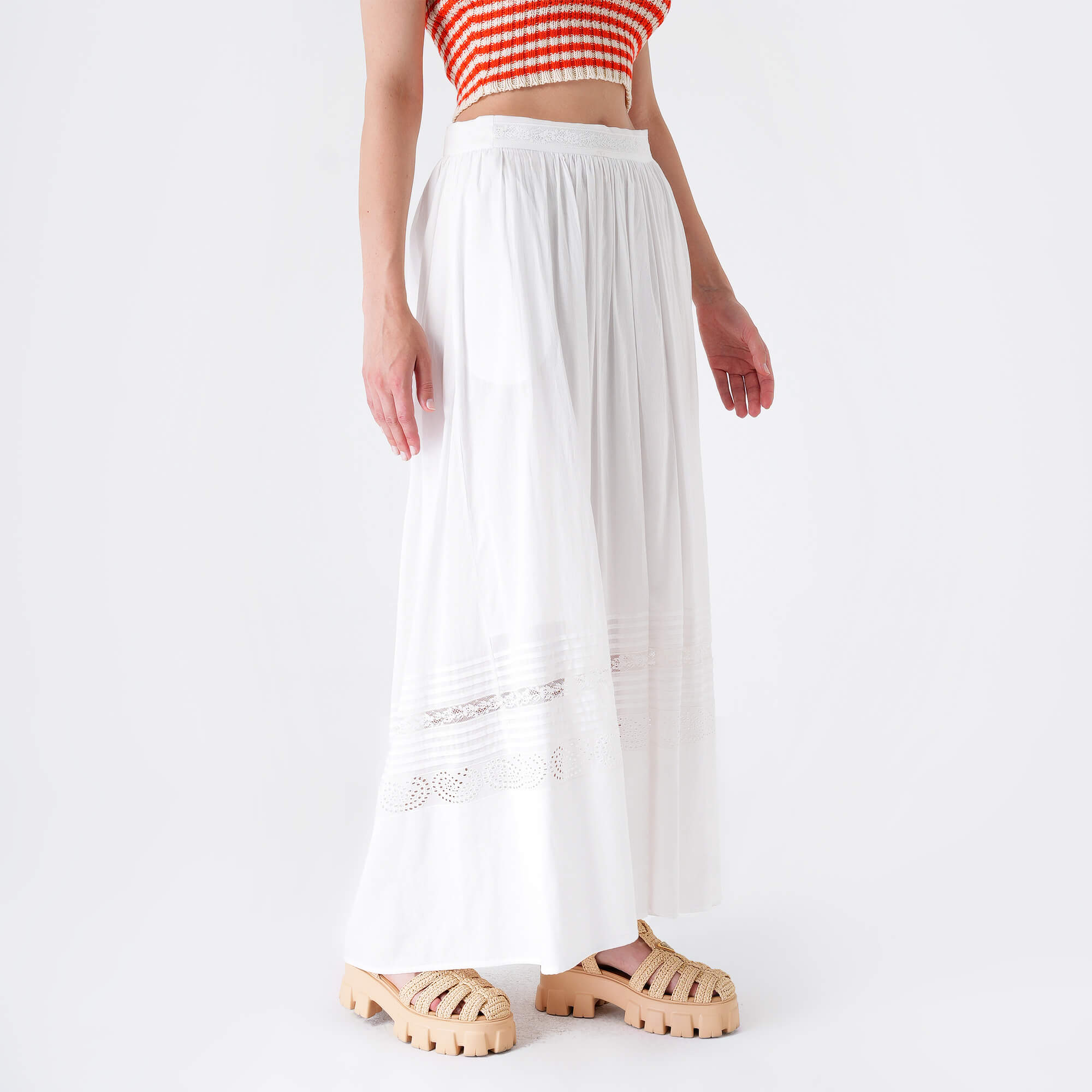 Etro - White Cotton Lace Long Skirt